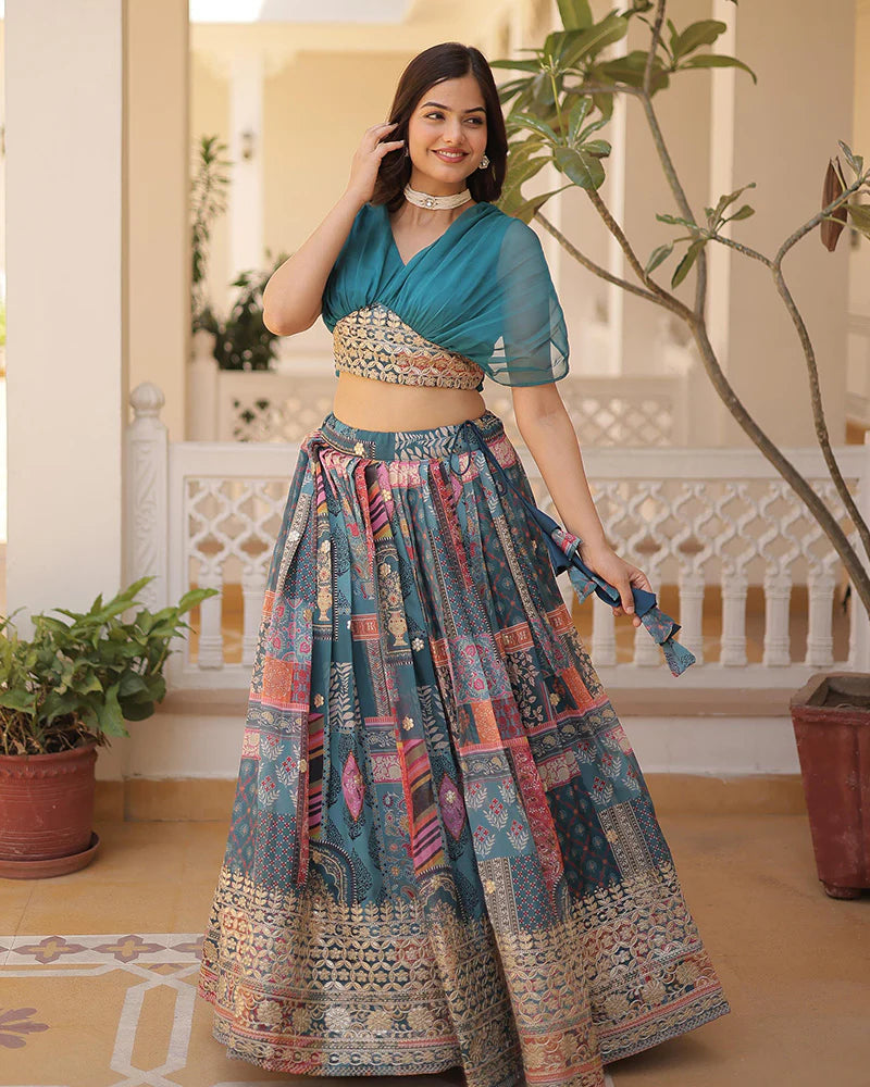 Womenline Rama Color Designer Russian Silk Embroidery Crop Top Lehenga Choli