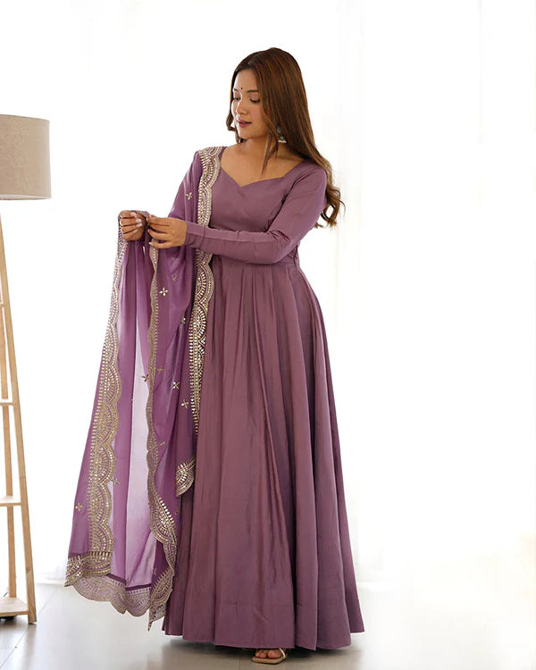 Womenline Onion Color Pure Chanderi Silk Three Piece Anarkali Suit