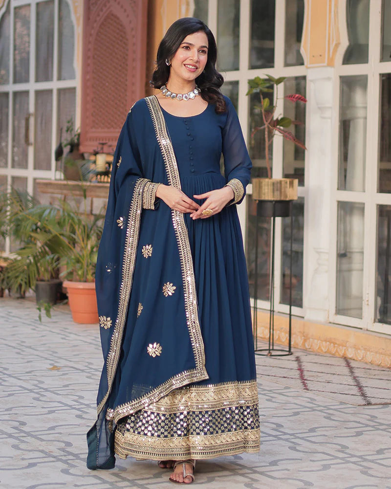 Womenline Rama Color Faux Blooming Zari Embroidered Work Gown