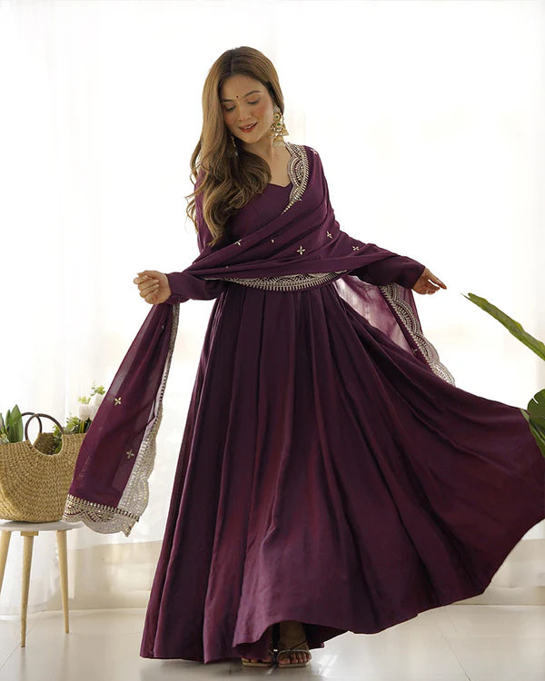Womenline Beautiful Wine Color Pure Chanderi Silk Three Piece Anarkali Suit