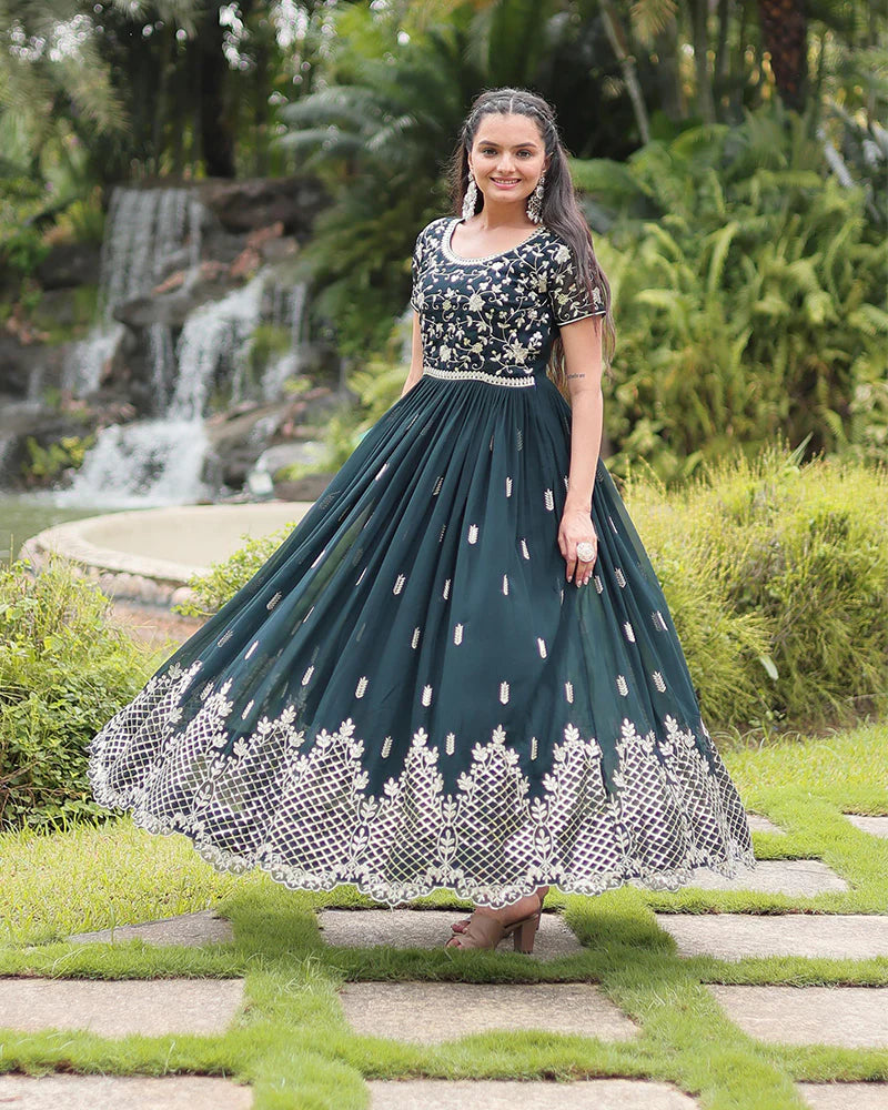 Womenline Mehndi Color Faux Blooming Embroidered Gown