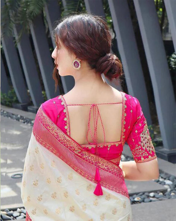 Womenline Pink And Cream Color Banarasi Jacquard Soft Silk Saree