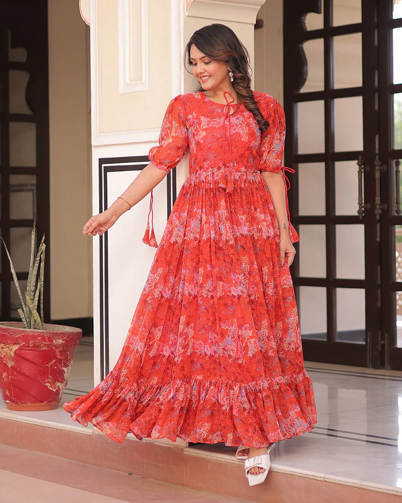 Womenline Orange Color Georgette Printed Gown