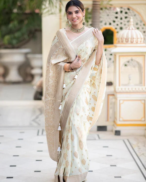 Womenline White Color Banarasi All over Jacquard Soft Silk Saree