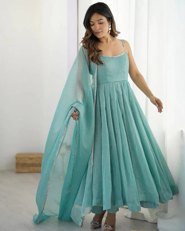 Womenline Sky Blue Color Crunchy Silk Three Piece Anarkali Suit