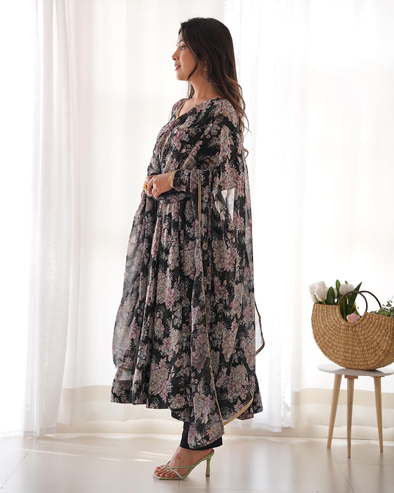 Womenline Black Color Georgette Three Piece Anarkali Suit