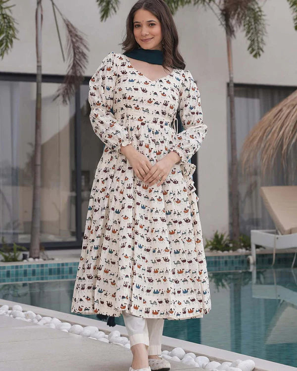 Womenline White Color Printed Pure Cotton Angarkha Style Anarkali Suit