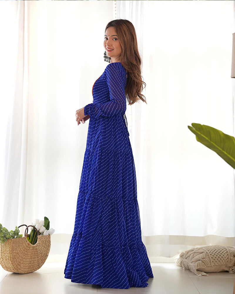 Womenline Royal Blue Color Georgette Laheriya Print Navratri Gown