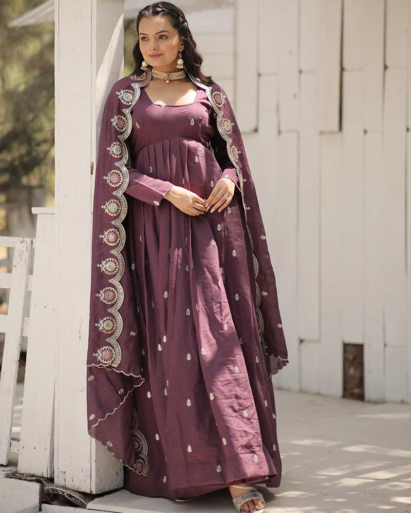 Womenline Onion Color Vichitra Shimmer Sequence Embroidered Gown