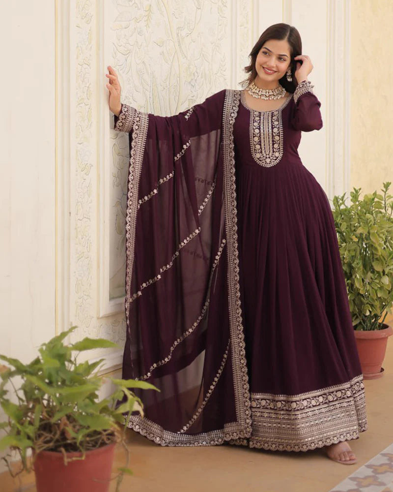 Womenline Wine Color Faux Blooming Rich Sequence Embroidered Gown