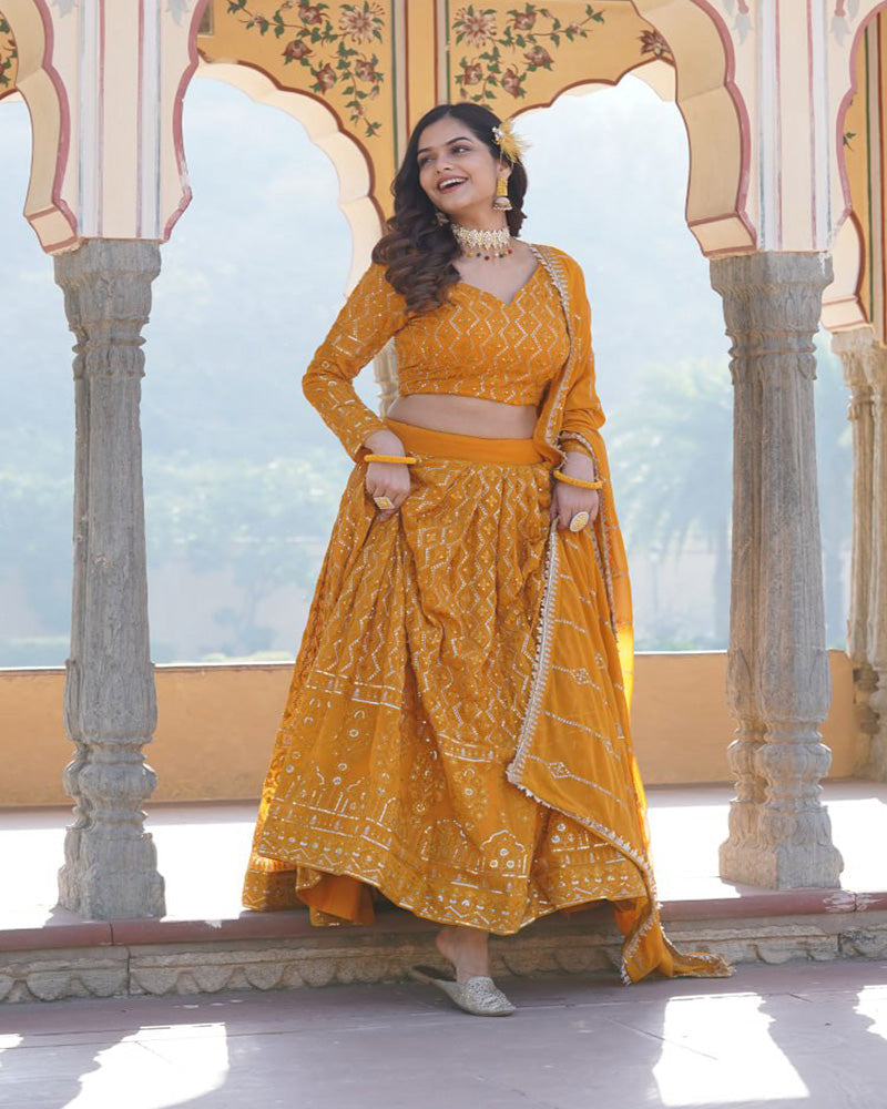 Womenline Yellow Color Georgette Heavy Embroidery Threaded Semi Stitched Lehenga Choli
