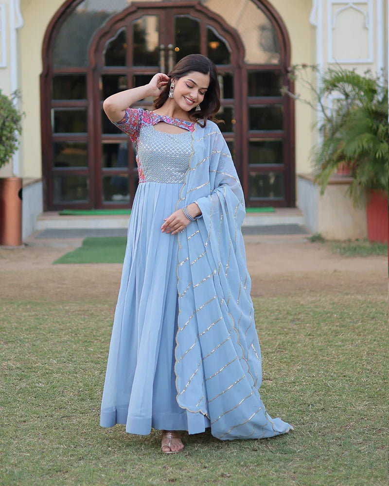 Womenline Sky Blue Color With Fancy Neck Faux Georgette Designer Anarkali Suit