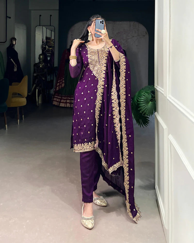 Womenline Purple Color Vichitra Silk Embroidered Three Piece Kurti Suit