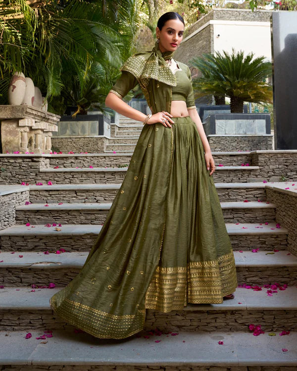 Womenline Mehndi Color Pure Chanderi Plain Navratri Half Saree