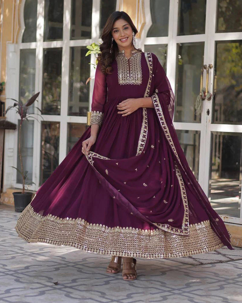 Womenline Wine Color Faux Blooming Rich Embroidered Work Gown