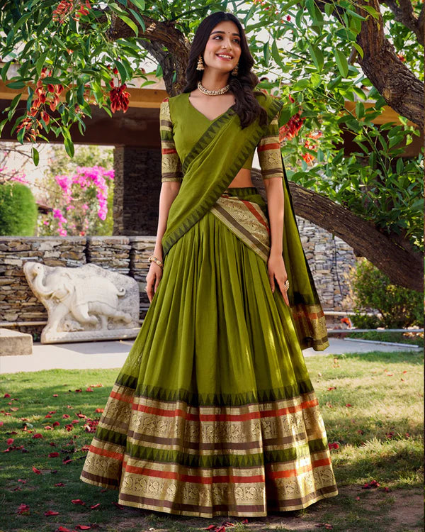 Womenline Mehndi Color Pure Chanderi Plain Half Saree
