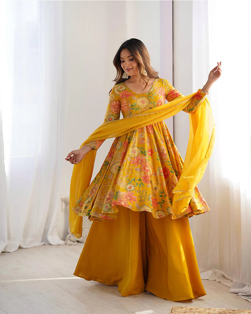 Womenline Mustard Color Roman Silk Discharge Printed Plazzo Suit