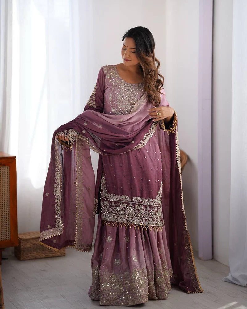 Womenline Onion Color Chinnon Sequence Work Plazzo Suit