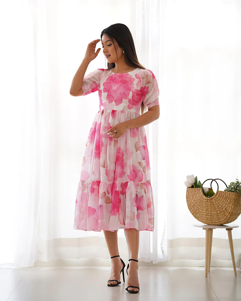 Womenline Baby Pink Color Floral Printed Organza Silk Tunic