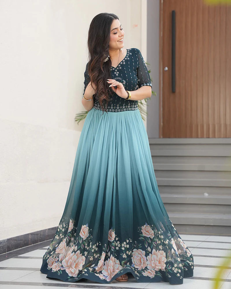 Womenline Rama Color Faux Blooming Embroidered work Gown