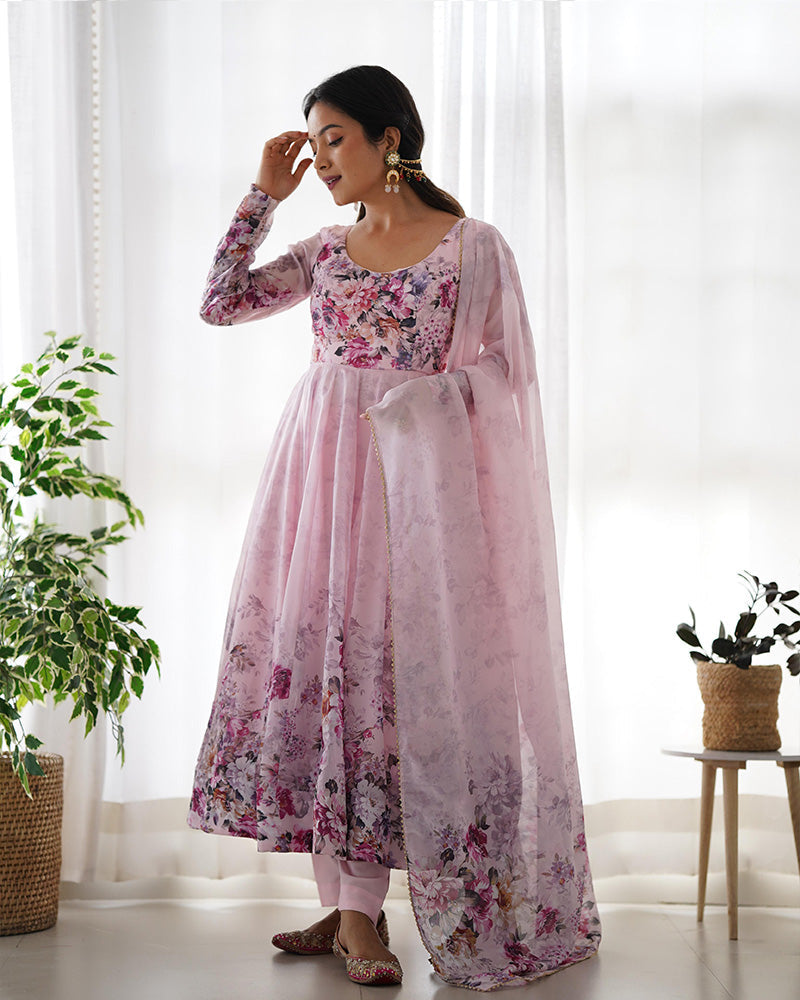 Womenline Baby Pink Color Floral Print Organza Three Piece Anarkali Suit