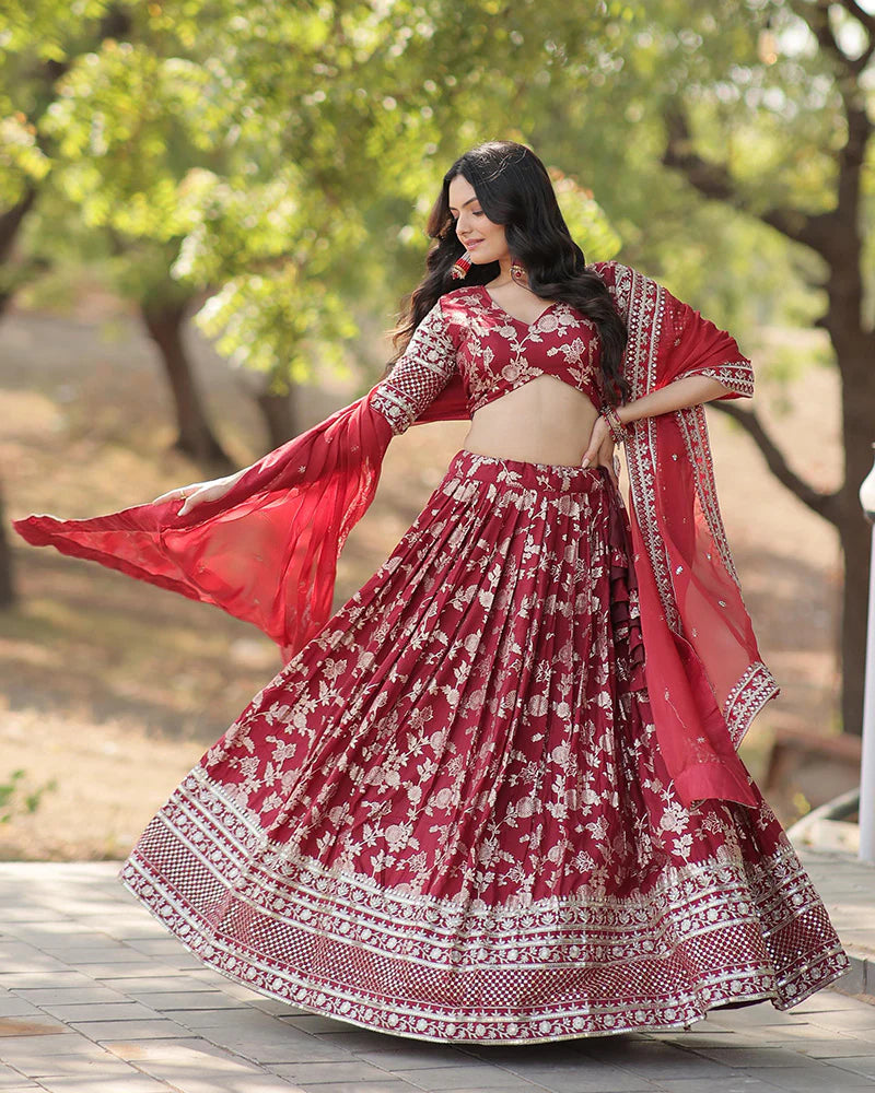Womenline Maroon Color Pure Viscose Jacquard Lehenga Choli