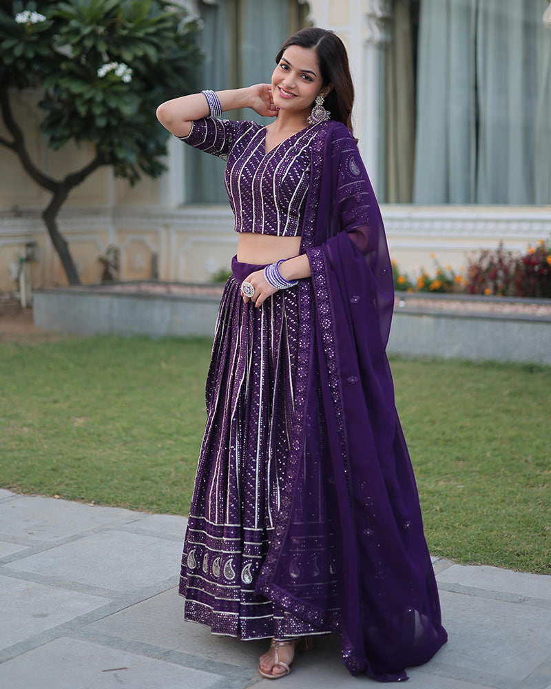 Womenline Designer Wine Color Faux Blooming Semi stitched Lehenga Choli