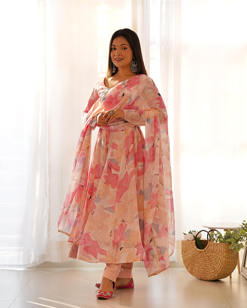 Womenline Beautiful Baby Pink Multi Color Georgette Three Piece Anarkali Suit