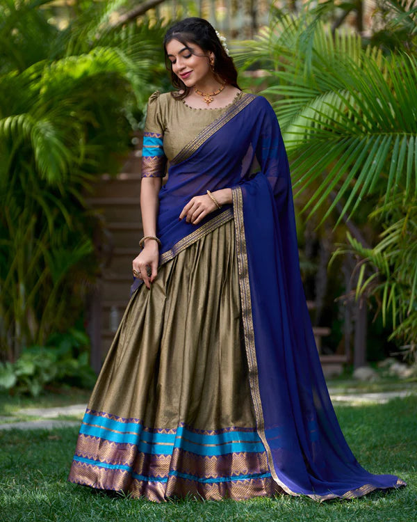 Womenline Chikoo Color Poly Cotton Zari Weaving Work Half Saree