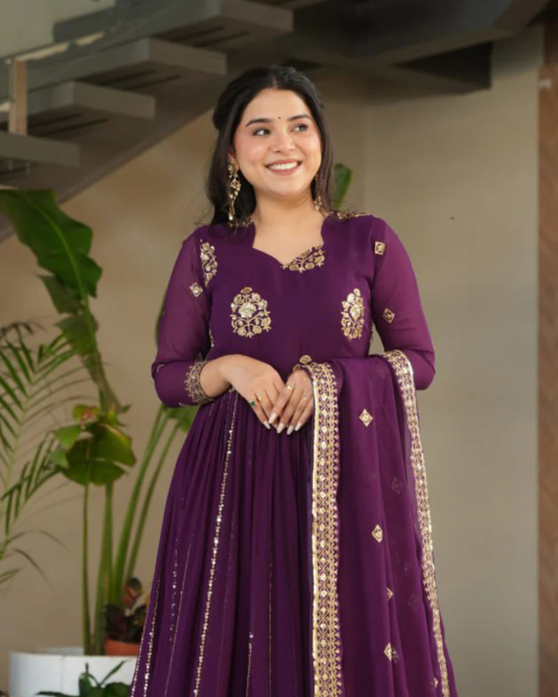 Womenline Royal Purple Color Designer Golden Embroidered Gown