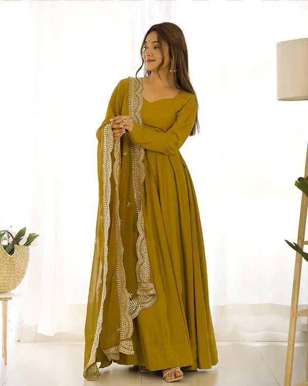 Womenline Beautiful Mustard Color Pure Chanderi Silk Three Piece Anarkali Suit