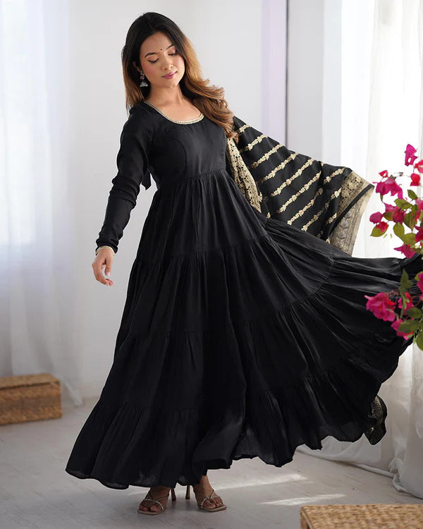 Womenline Black Color Pure Roman Silk Ruffle Style Anarkali Suit