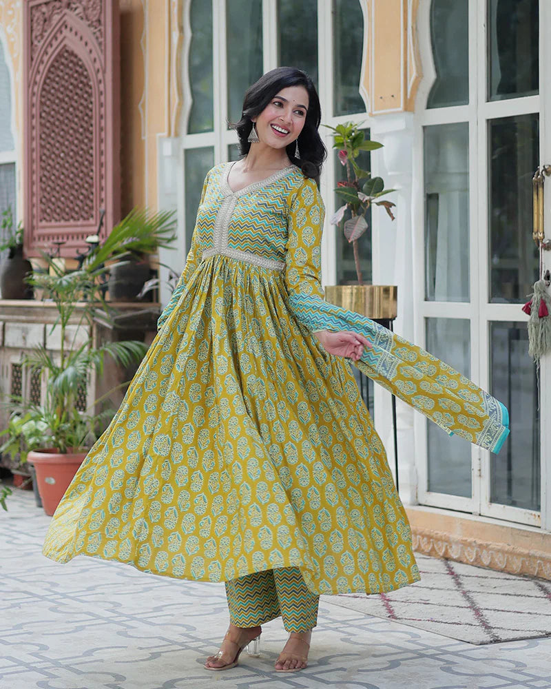 Womenline Lime Green Color Printed Pure Cotton Three Piece Kurti Suit