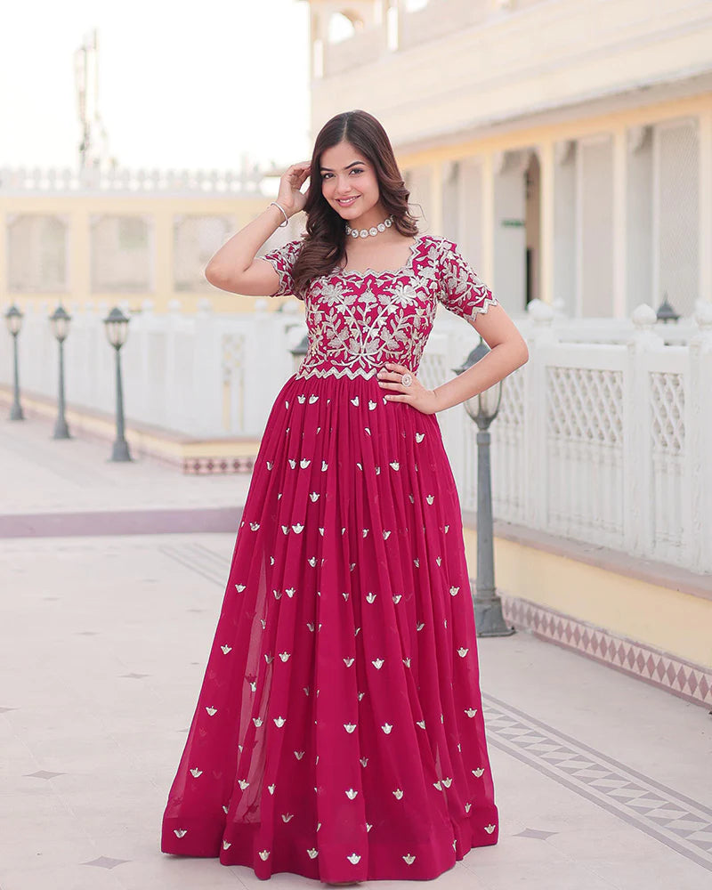 Womenline Rani Pink Color Faux Blooming Sequins Embroidered Anarkali Gown