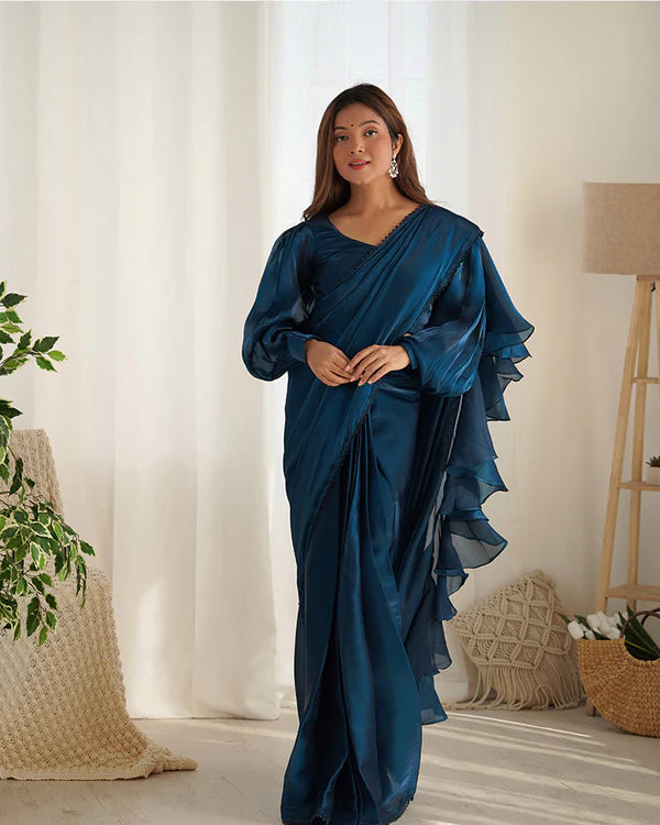 Womenline Teal Blue Color Soft Organza Saree