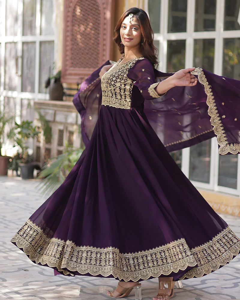 Womenline Violet Color Faux Blooming Embroidered Gown