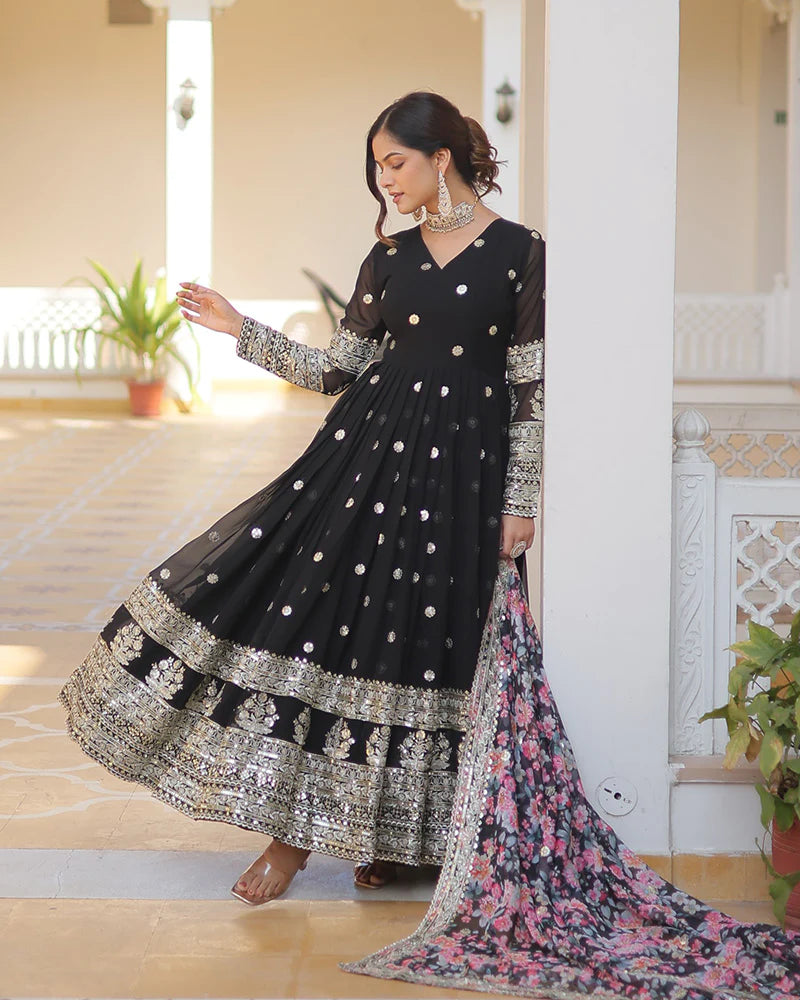 Womenline Black Color Faux Georgette Designer Gown With Dupatta