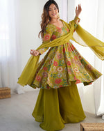 Womenline Mehndi Color Roman Silk Discharge Printed Plazzo Suit