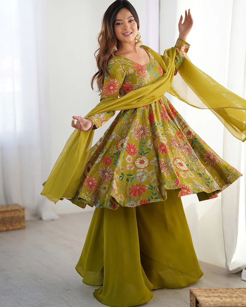 Womenline Mehndi Color Roman Silk Discharge Printed Plazzo Suit