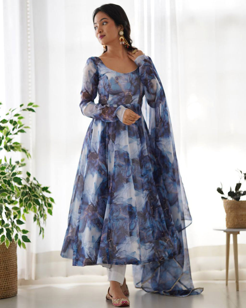 Womenline Navy Blue Color Pure Soft Organza Three Piece Anarkali Suit