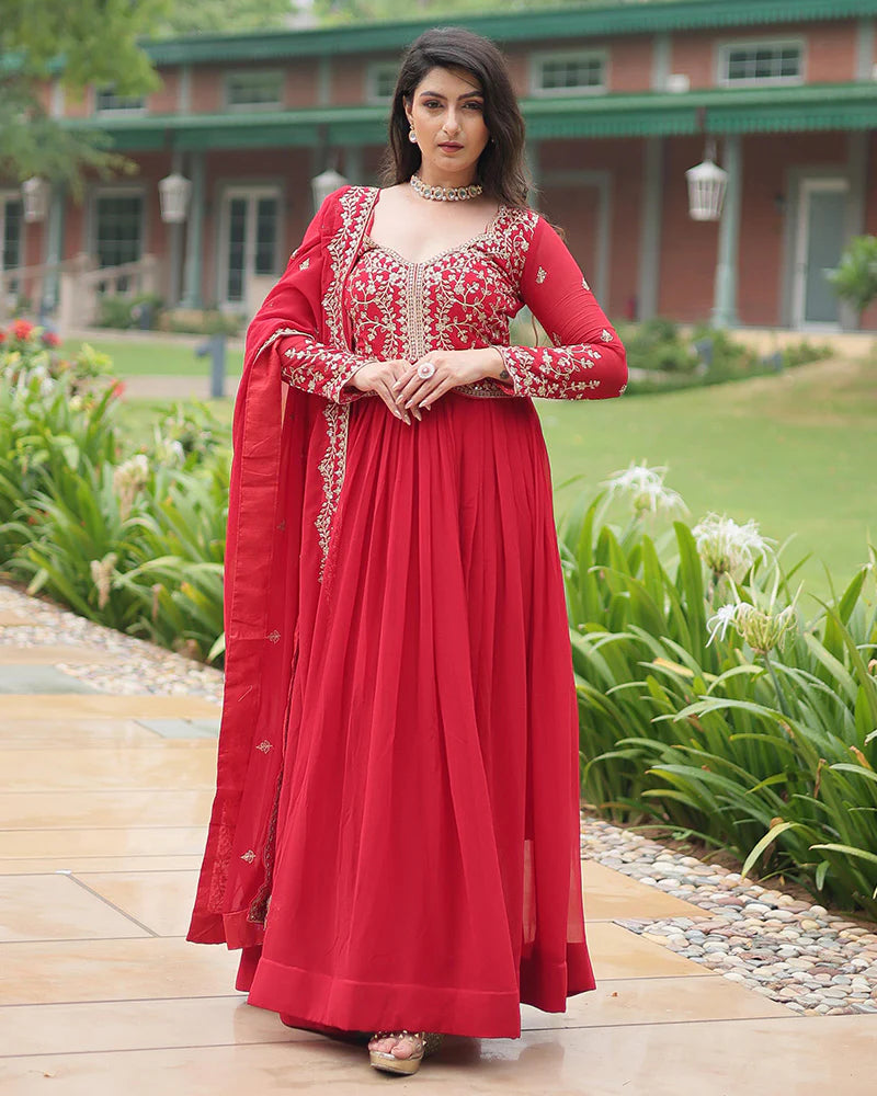 Womenline Pink Color Faux Blooming Multi Embroidered Work Gown