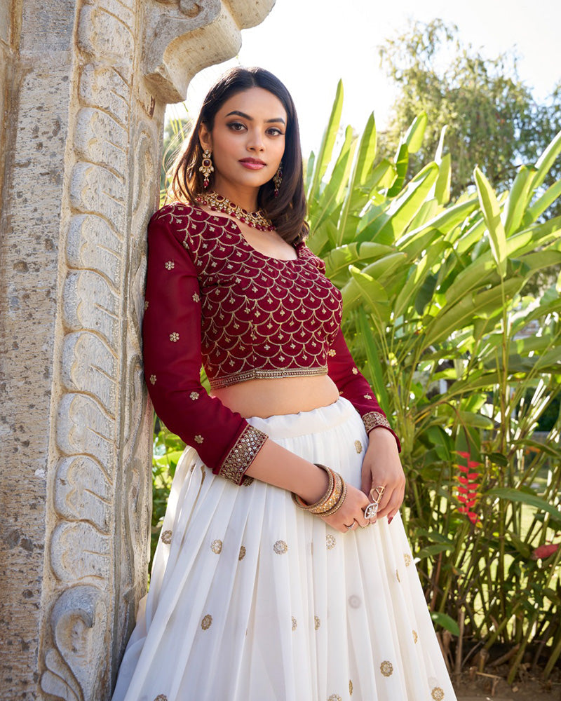 Womenline White Color Georgette Sequence Embroidered Lehenga Choli