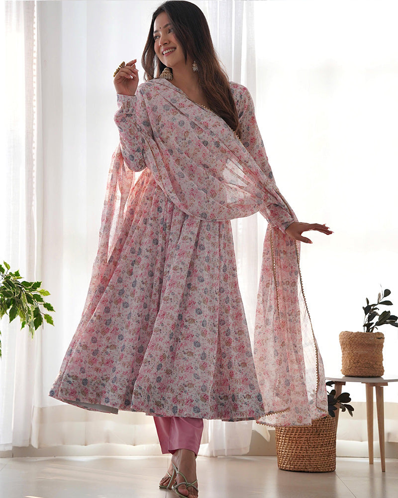 Womenline Baby Pink Color Heavy Chiffon Floral Print With Full Flair Three Piece Anarkali Suit