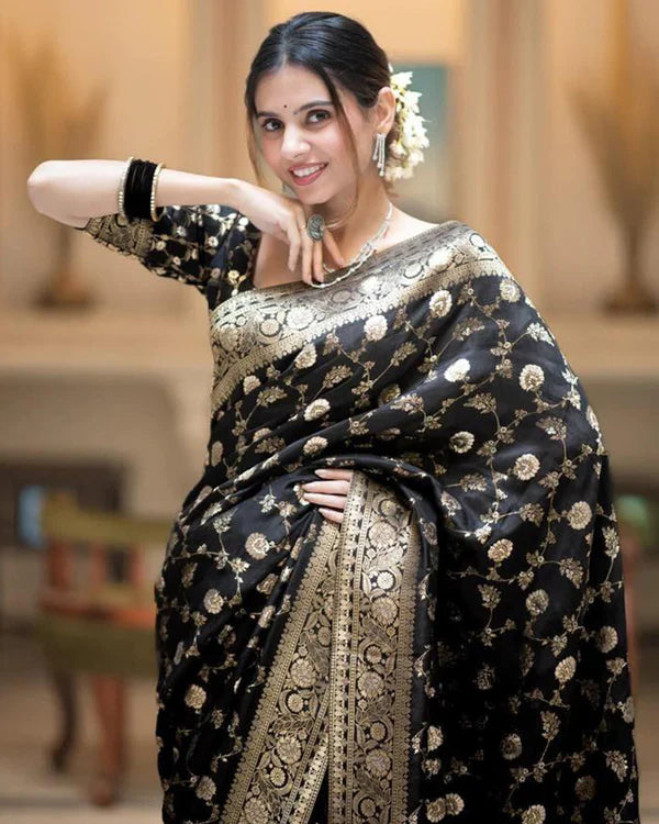 Womenline Black Color Banarasi Jacquard With Zari Work Saree