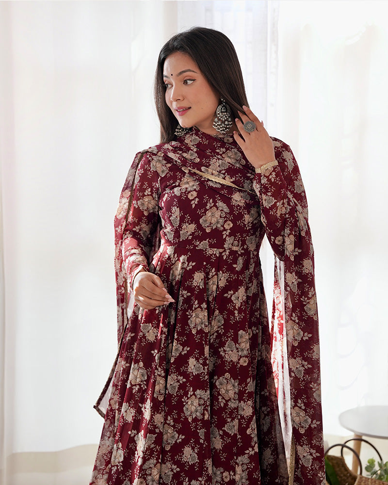Womenline Dark Maroon Color Georgette Three Piece Anarkali Suit