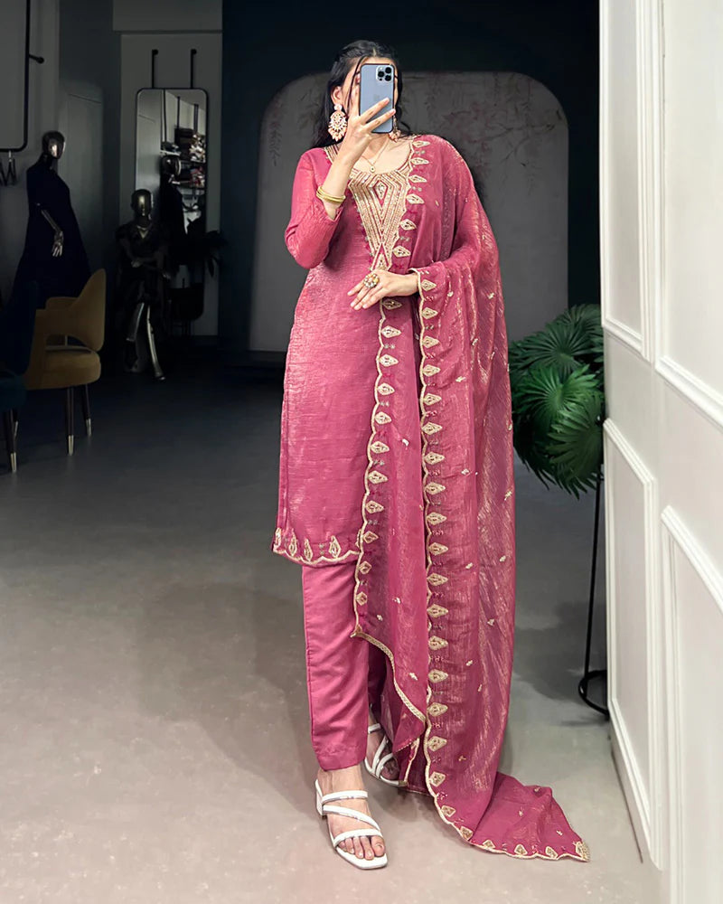 Womenline Pink Color Silver Glory Three Piece Kurti Suit