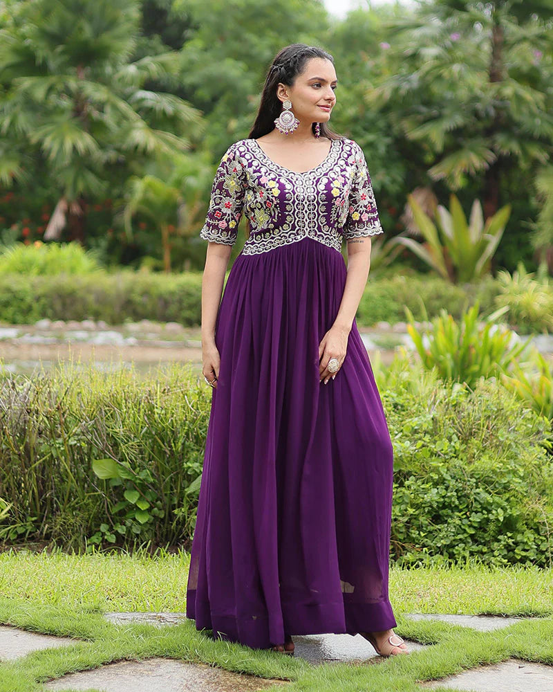 Womenline Purple Color Faux Blooming Embroidered Gown