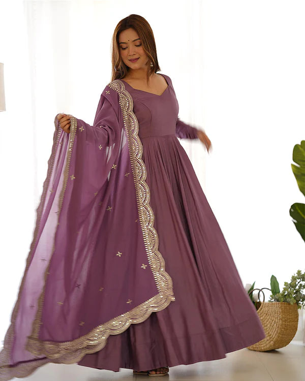 Womenline Onion Color Pure Chanderi Silk Three Piece Anarkali Suit