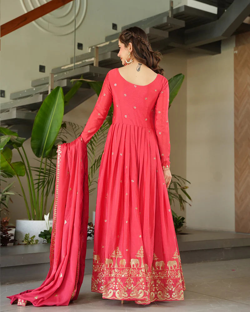 Womenline Peach Color Chinon Silk Sequins Embroidered Gown