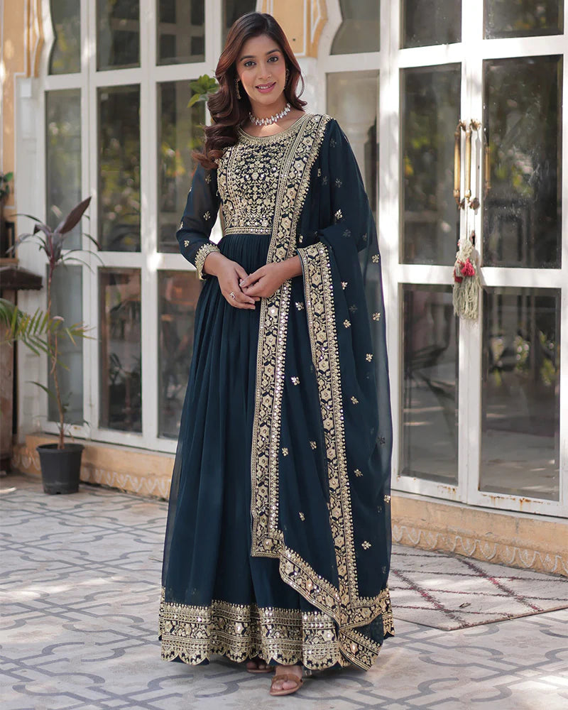 Womenline Rama Color Faux Blooming Embroidered Gown